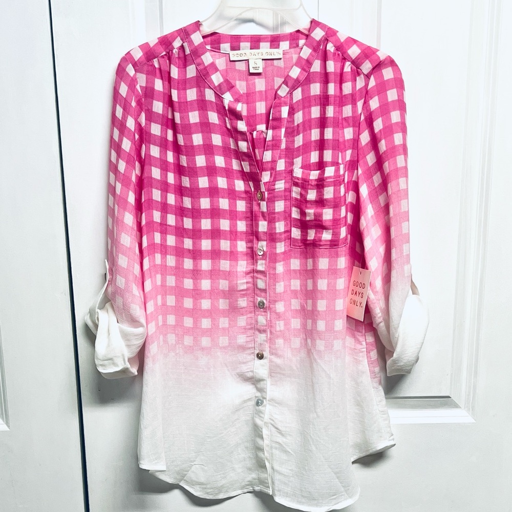Women's Pink Ombre Gingham Button-Down Shirt by Good Days Only Size S NWT
